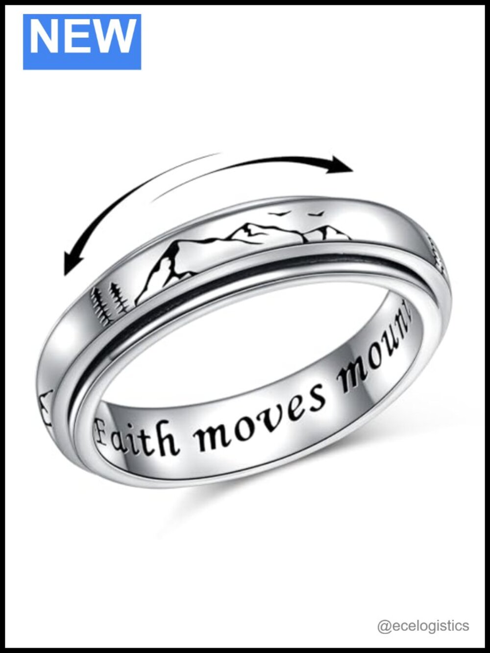 S925 Sterling Silver Faith Moves Mountains Spinner Anxiety Ring Size 8